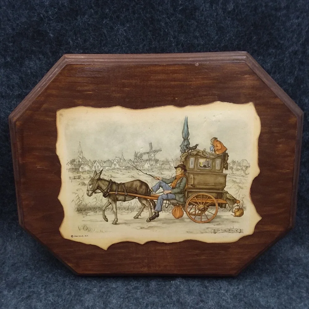 Set of 2 Vintage Anton Pieck Wall Plaque Decor Art‎ Wood Framed Old Country 10x9
